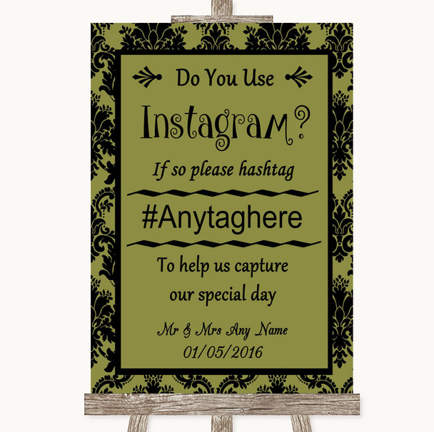 Olive Green Damask Instagram Photo Sharing Customised Wedding Sign