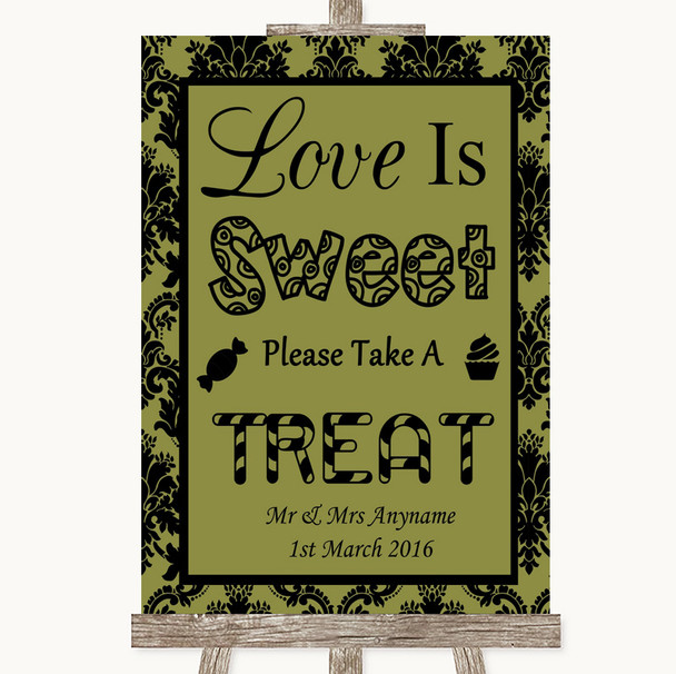 Olive Green Damask Love Is Sweet Take A Treat Candy Buffet Wedding Sign