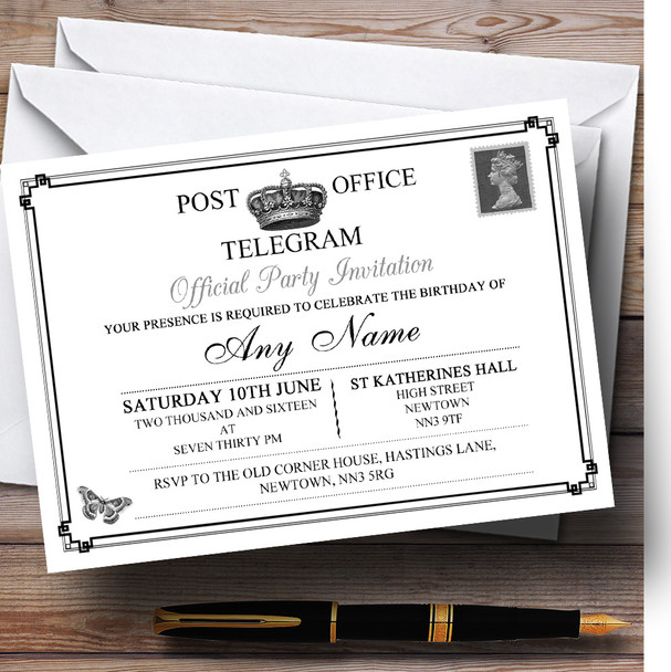 Vintage Telegram Elegant White Customised Birthday Party Invitations