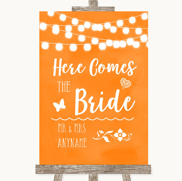 Orange Watercolour Lights Here Comes Bride Aisle Customised Wedding Sign