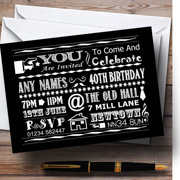 Cool Vintage Fun Chalk Typography Black Customised Birthday Party Invitations
