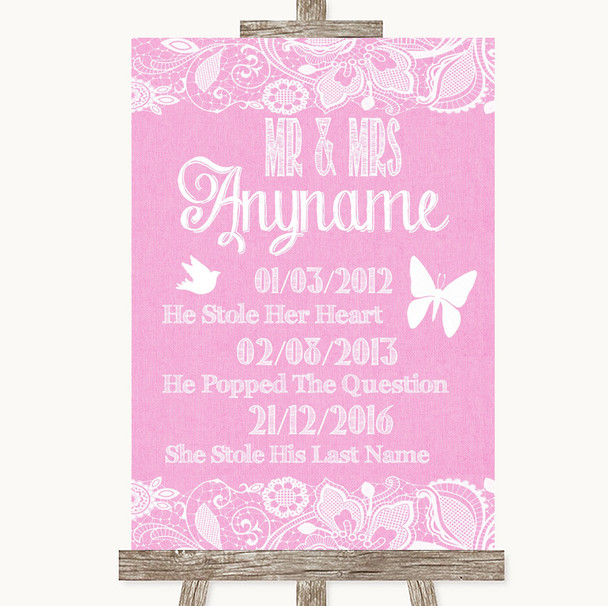 Pink Burlap & Lace Important Special Dates Customised Wedding Sign
