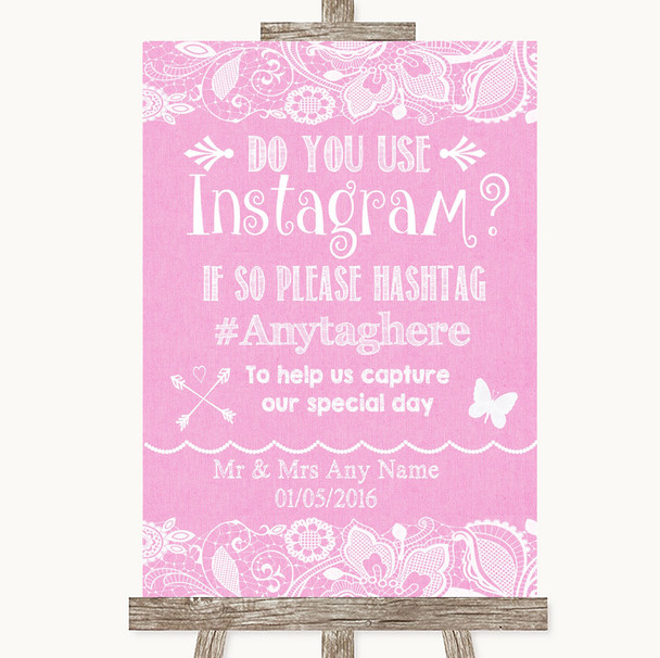 Pink Burlap & Lace Instagram Photo Sharing Customised Wedding Sign