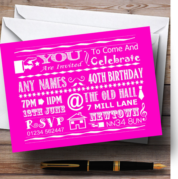 Cool Vintage Fun Chalk Typography Hot Pink Customised Birthday Party Invitations