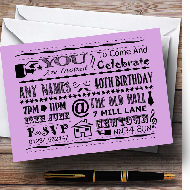 Cool Vintage Fun Chalk Typography Lilac Customised Birthday Party Invitations