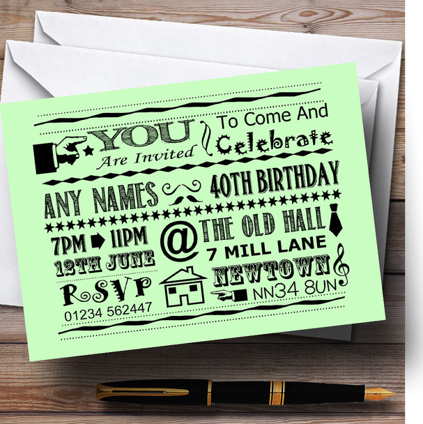 Cool Vintage Fun Chalk Typography Pale Green Customised Birthday Party Invitations