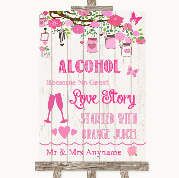 Pink Rustic Wood Alcohol Bar Love Story Customised Wedding Sign