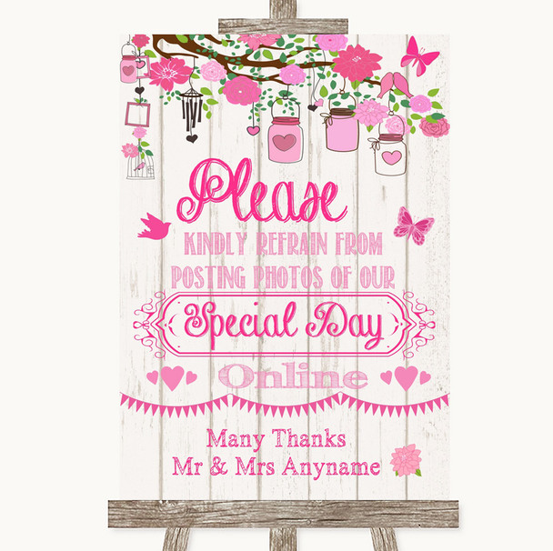 Pink Rustic Wood Don't Post Photos Online Social Media Customised Wedding Sign