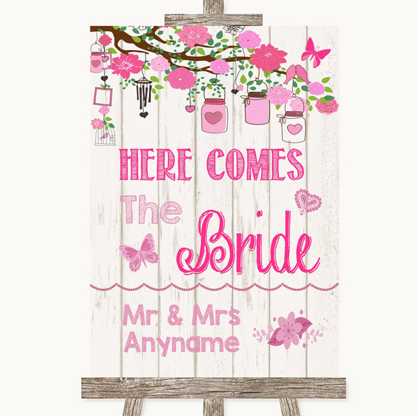 Pink Rustic Wood Here Comes Bride Aisle Sign Customised Wedding Sign