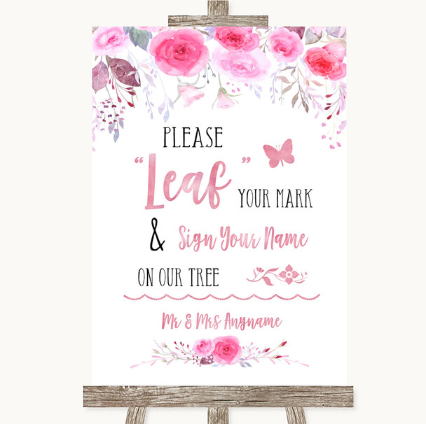 Pink Watercolour Floral Fingerprint Tree Instructions Customised Wedding Sign