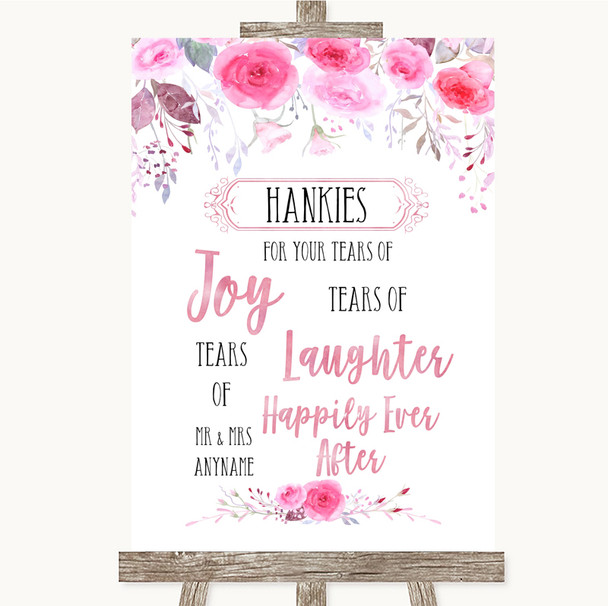 Pink Watercolour Floral Hankies And Tissues Customised Wedding Sign