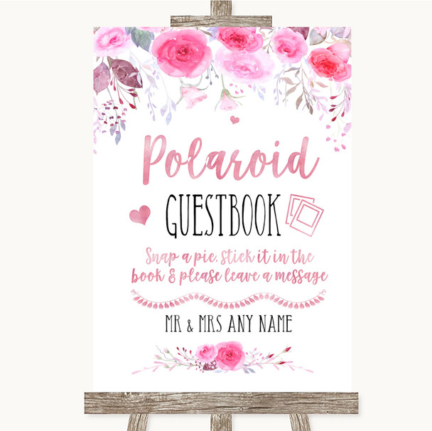 Pink Watercolour Floral Polaroid Guestbook Customised Wedding Sign