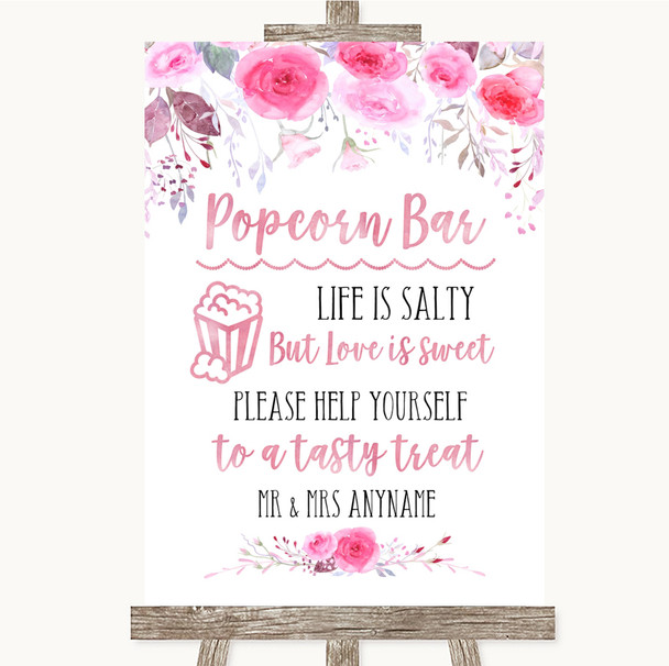 Pink Watercolour Floral Popcorn Bar Customised Wedding Sign