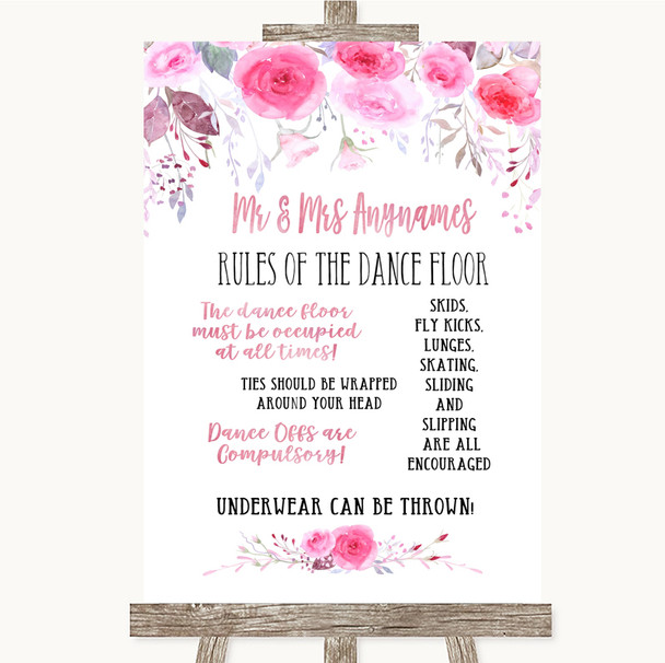 Pink Watercolour Floral Rules Of The Dance Floor Customised Wedding Sign