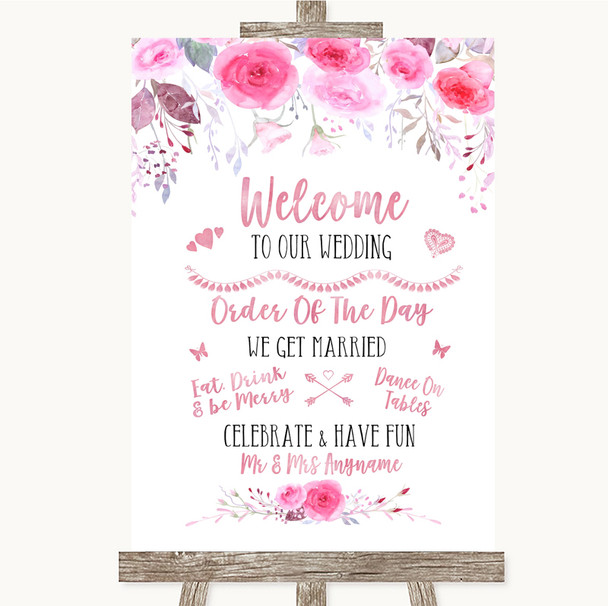 Pink Watercolour Floral Welcome Order Of The Day Customised Wedding Sign