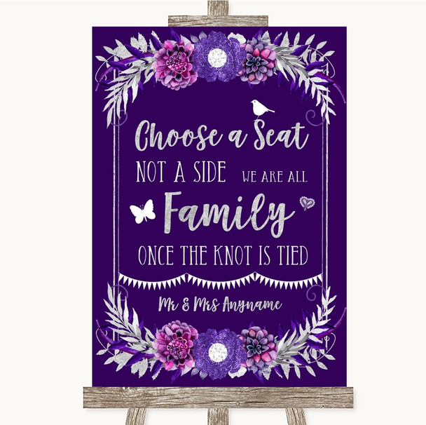 Purple & Silver Choose A Seat We Are All Family Customised Wedding Sign