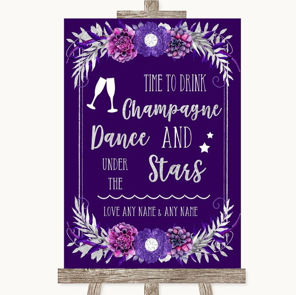 Purple & Silver Drink Champagne Dance Stars Customised Wedding Sign