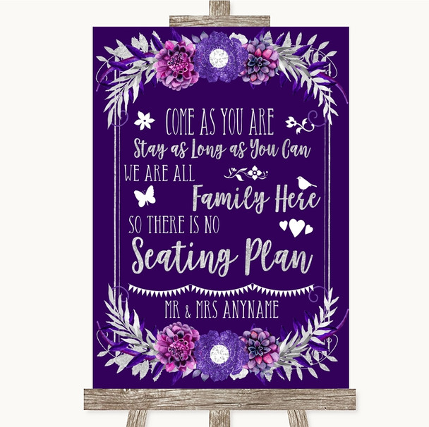 Purple & Silver All Family No Seating Plan Customised Wedding Sign
