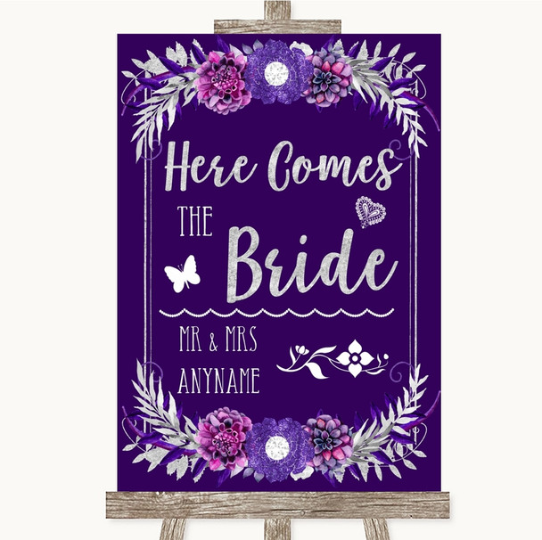 Purple & Silver Here Comes Bride Aisle Customised Wedding Sign