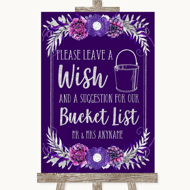 Purple & Silver Bucket List Customised Wedding Sign