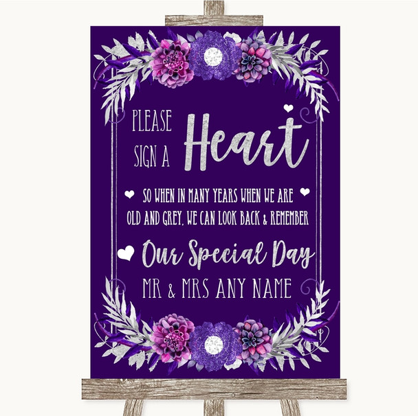 Purple & Silver Sign a Heart Customised Wedding Sign