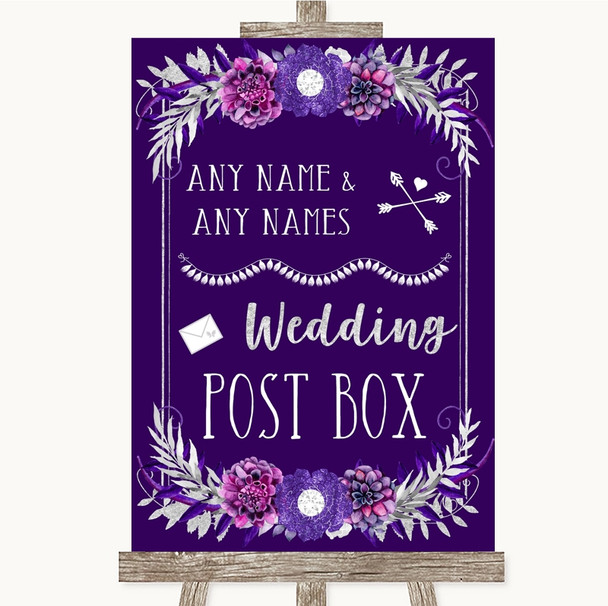 Purple & Silver Card Post Box Customised Wedding Sign