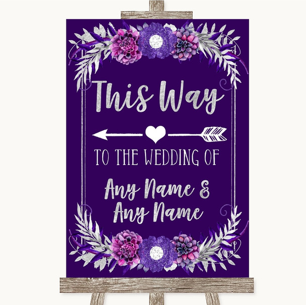 Purple & Silver This Way Arrow Left Customised Wedding Sign