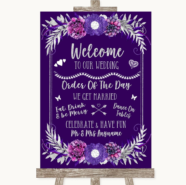 Purple & Silver Welcome Order Of The Day Customised Wedding Sign