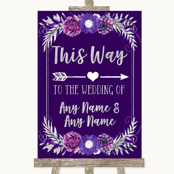 Purple & Silver This Way Arrow Right Customised Wedding Sign