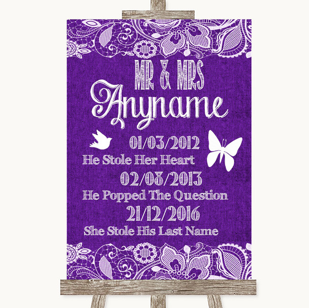 Purple Burlap & Lace Important Special Dates Customised Wedding Sign