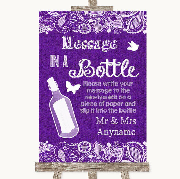 Purple Burlap & Lace Message In A Bottle Customised Wedding Sign