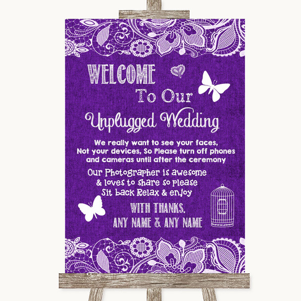 Purple Burlap & Lace No Phone Camera Unplugged Customised Wedding Sign