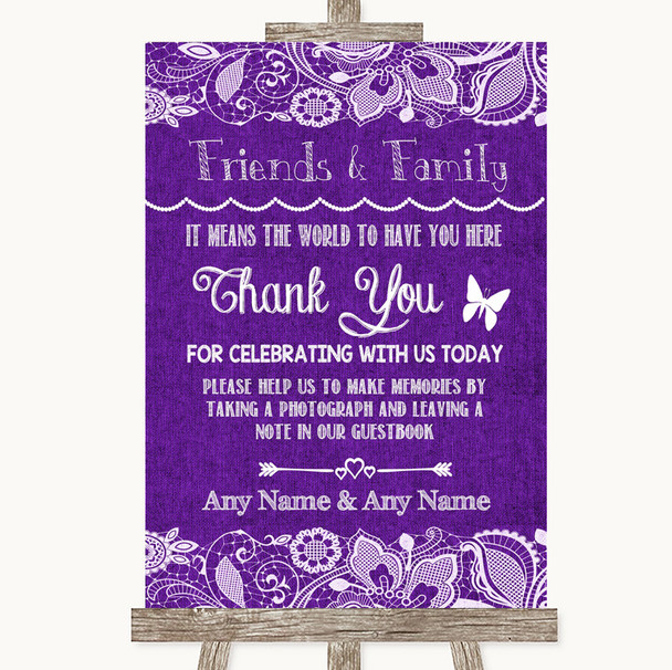 Purple Burlap & Lace Photo Guestbook Friends & Family Customised Wedding Sign