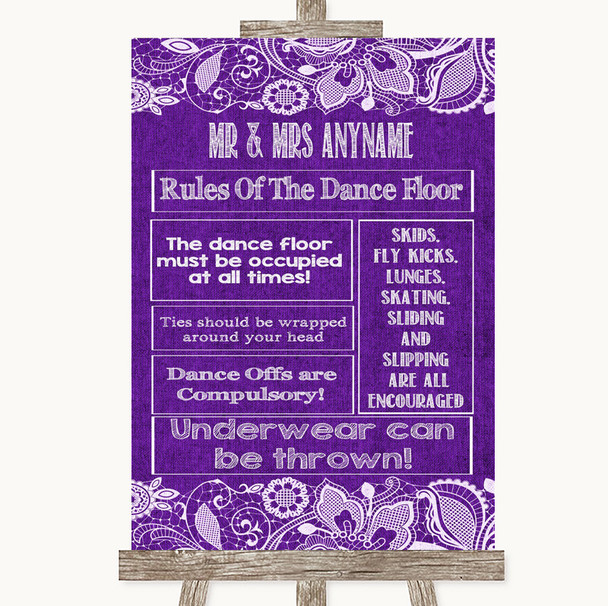 Purple Burlap & Lace Rules Of The Dance Floor Customised Wedding Sign