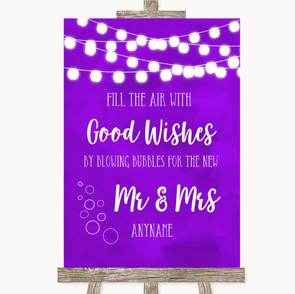 Purple Watercolour Lights Blow Bubbles Customised Wedding Sign