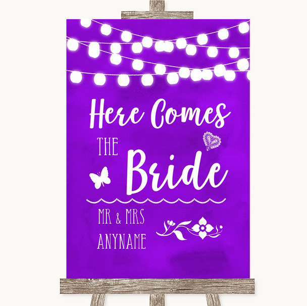 Purple Watercolour Lights Here Comes Bride Aisle Customised Wedding Sign