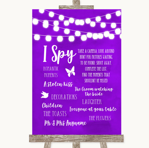 Purple Watercolour Lights I Spy Disposable Camera Customised Wedding Sign