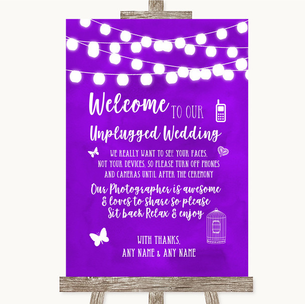 Purple Watercolour Lights No Phone Camera Unplugged Customised Wedding Sign