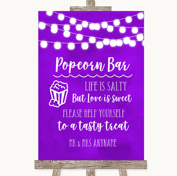 Purple Watercolour Lights Popcorn Bar Customised Wedding Sign