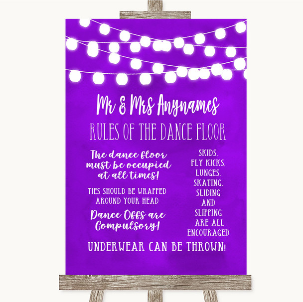 Purple Watercolour Lights Rules Of The Dance Floor Customised Wedding Sign