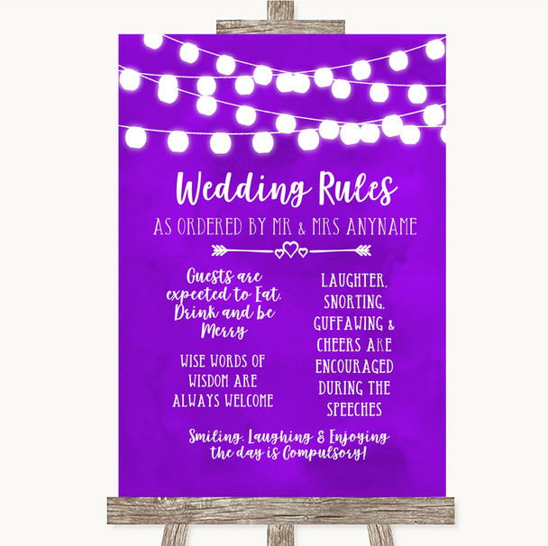 Purple Watercolour Lights Rules Of The Wedding Customised Wedding Sign