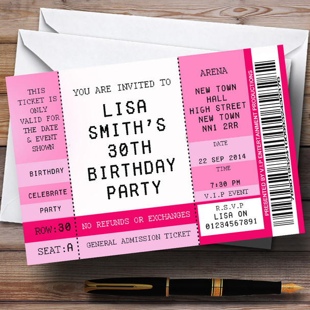 Pink VIP Spoof Concert Ticket Stub Theme Customised Birthday Party Invitations