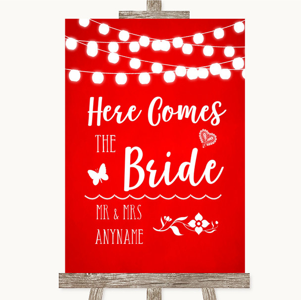 Red Watercolour Lights Here Comes Bride Aisle Customised Wedding Sign