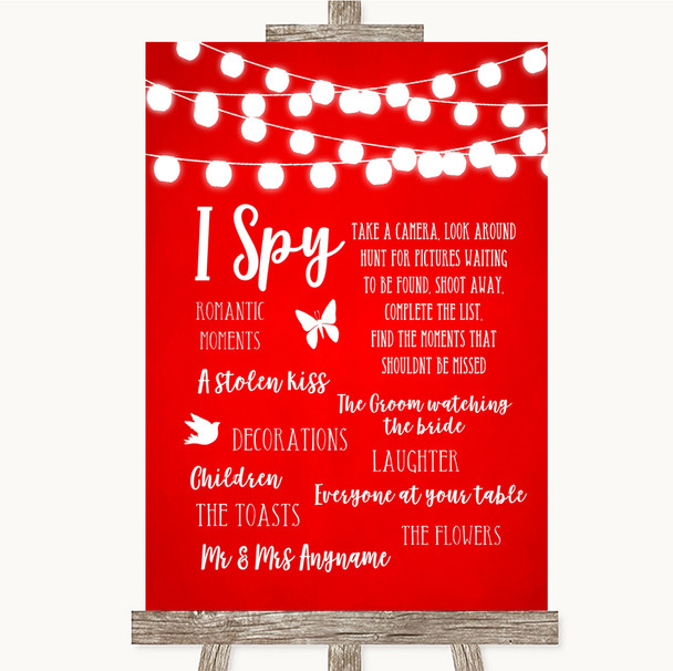 Red Watercolour Lights I Spy Disposable Camera Customised Wedding Sign