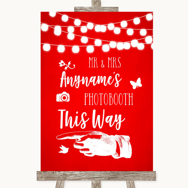 Red Watercolour Lights Photobooth This Way Left Customised Wedding Sign