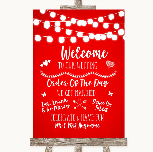 Red Watercolour Lights Welcome Order Of The Day Customised Wedding Sign