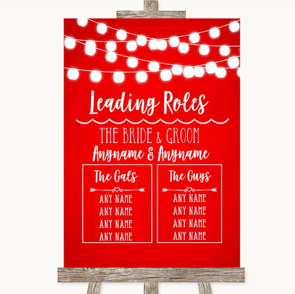 Red Watercolour Lights Who's Who Leading Roles Customised Wedding Sign