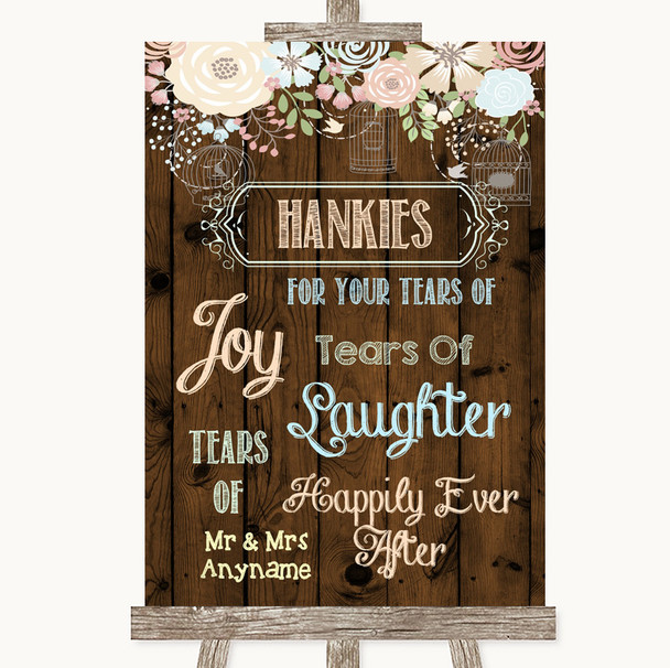 Rustic Floral Wood Hankies And Tissues Customised Wedding Sign