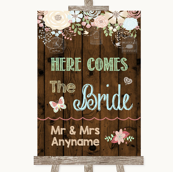 Rustic Floral Wood Here Comes Bride Aisle Sign Customised Wedding Sign