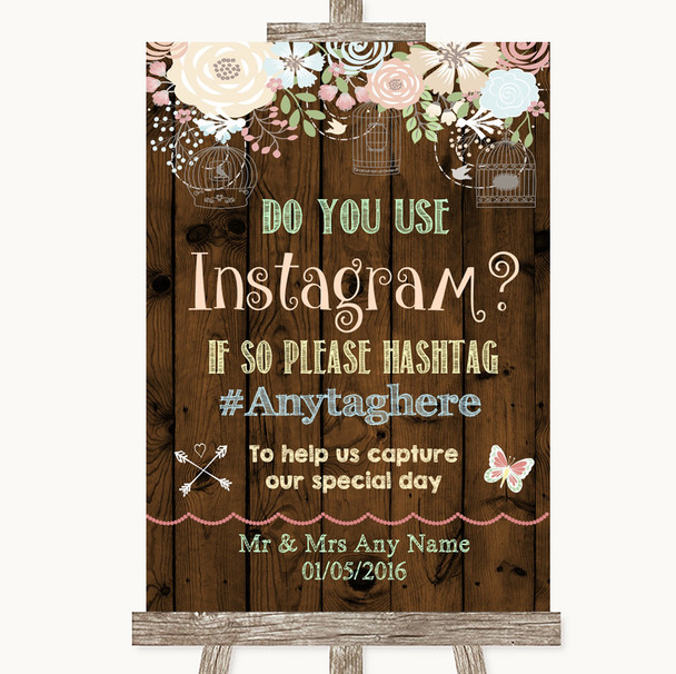 Rustic Floral Wood Instagram Photo Sharing Customised Wedding Sign